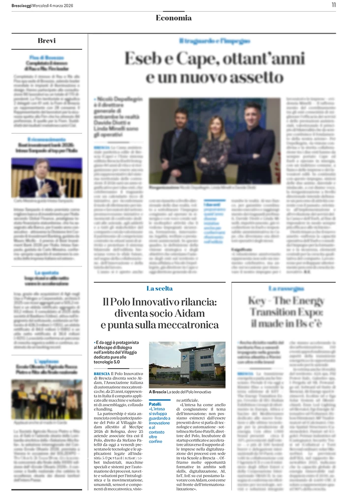Bresciaoggi - Il Polo Innovativo rilancia: diventa socio AIDAM e punta sulla meccatronica