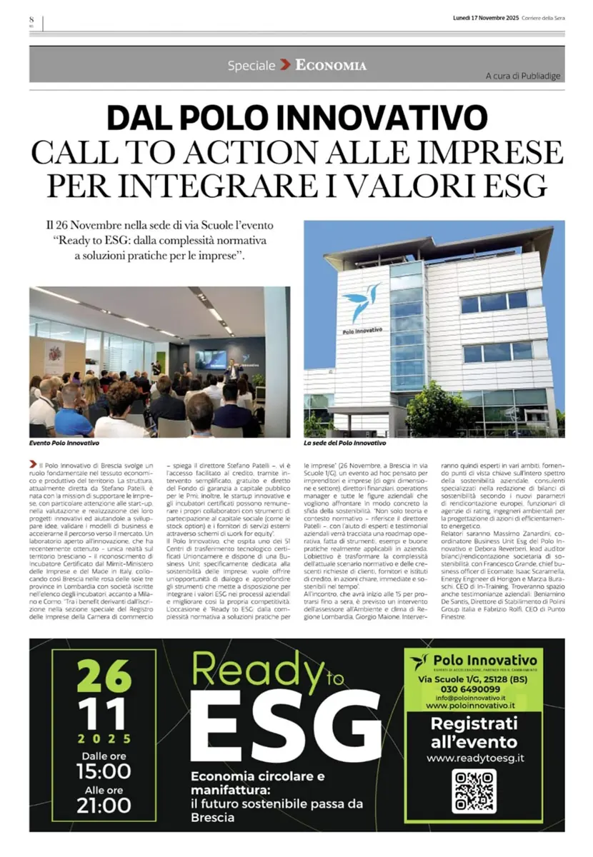 Corriere della Sera - DAL POLO INNOVATIVO CALL TO ACTION ALLE IMPRESE - Polo Innovativo