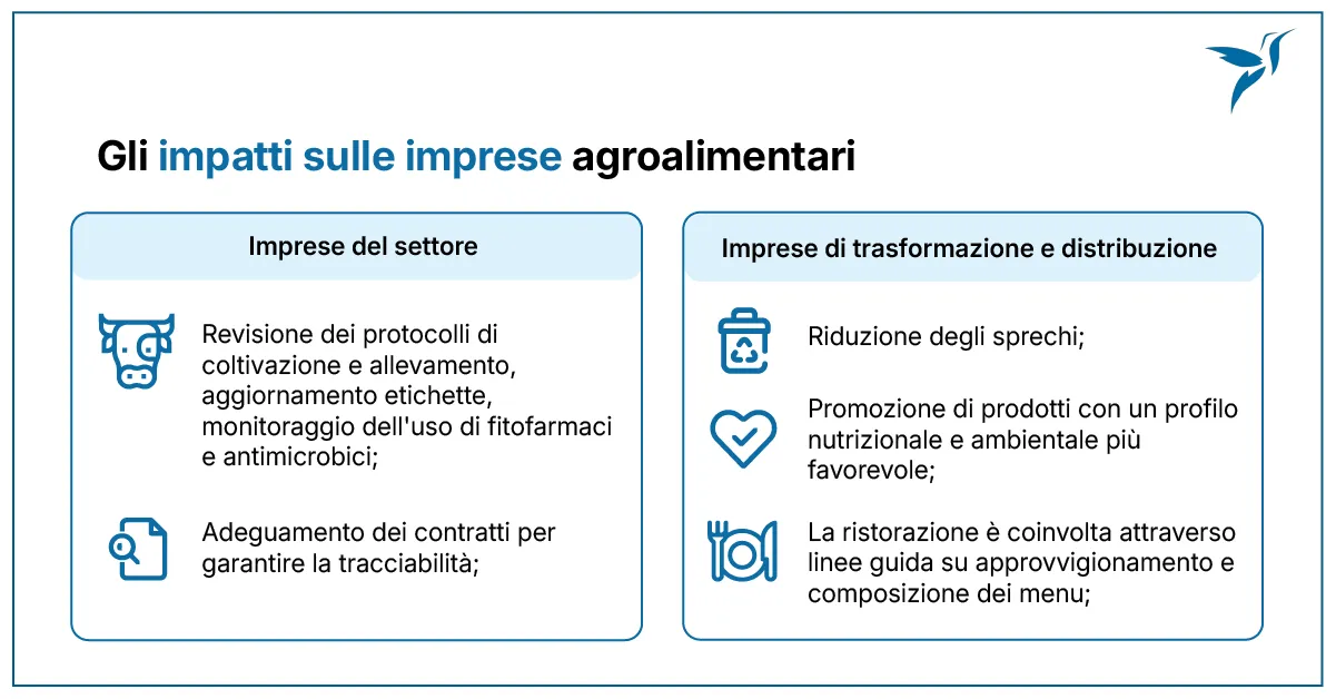 Filiera agroalimentare con i punti in cui la strategia Farm to Fork incide: produzione, trasformazione, distribuzione e ristorazione