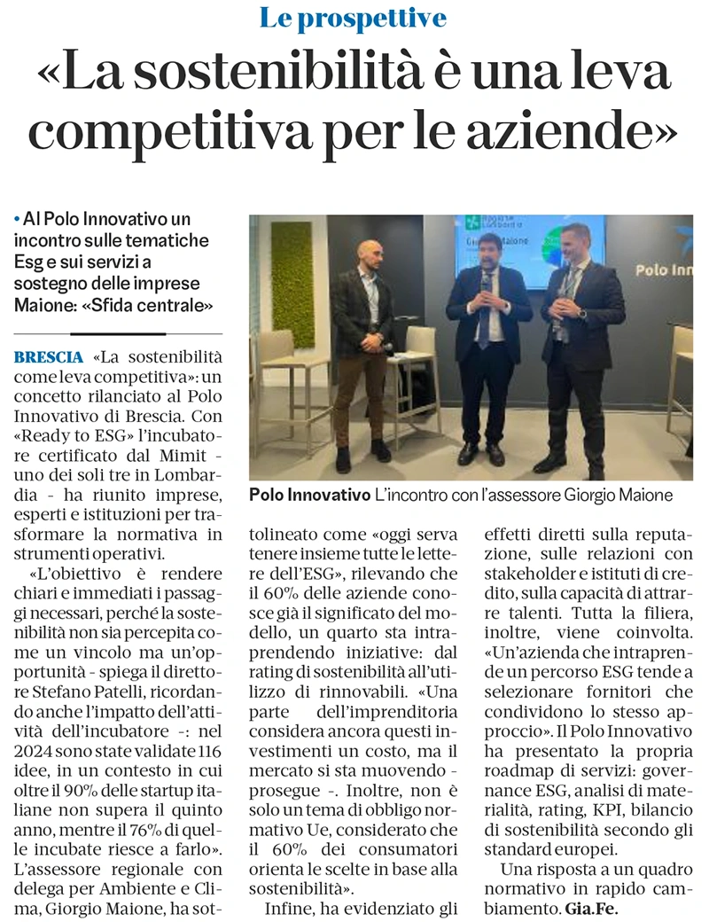 Bresciaoggi - La sostenibilità è una leva competitiva per le imprese - Polo Innovativo