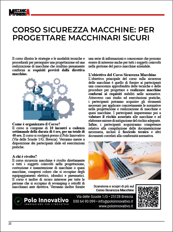 Meccanica e fonderia N°48 Aprile 2024 pagina 22 Sicurezza Macchinari - Polo Innovativo Meccanica e fonderia N°48 corso sicurezza macchinari - Polo Innovativo