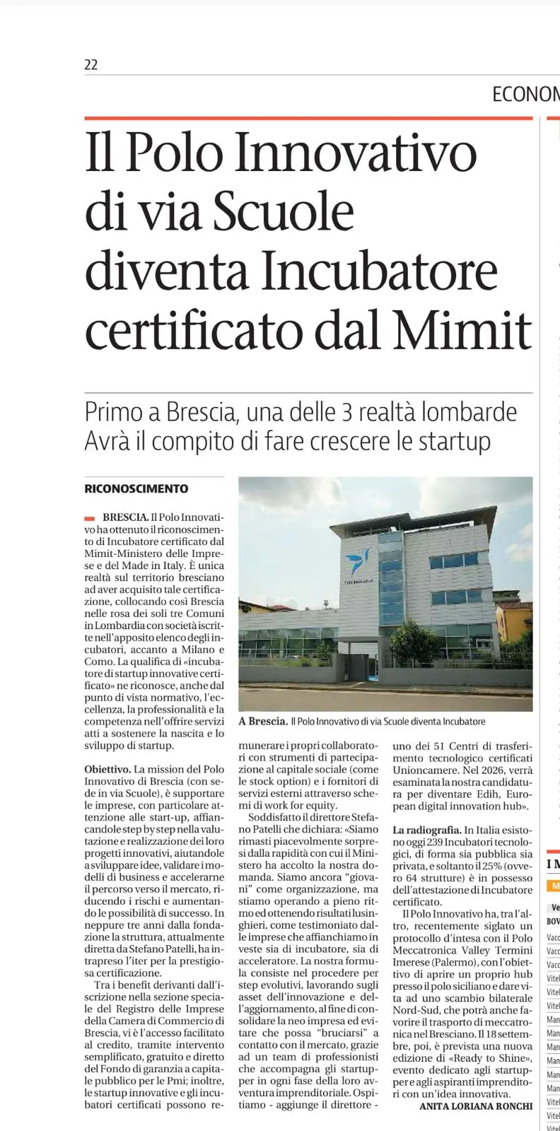 Il Polo Innovativo di via Scuole Incubatore certificato dal Mimit - Giornale di Brescia - Polo Innovativo