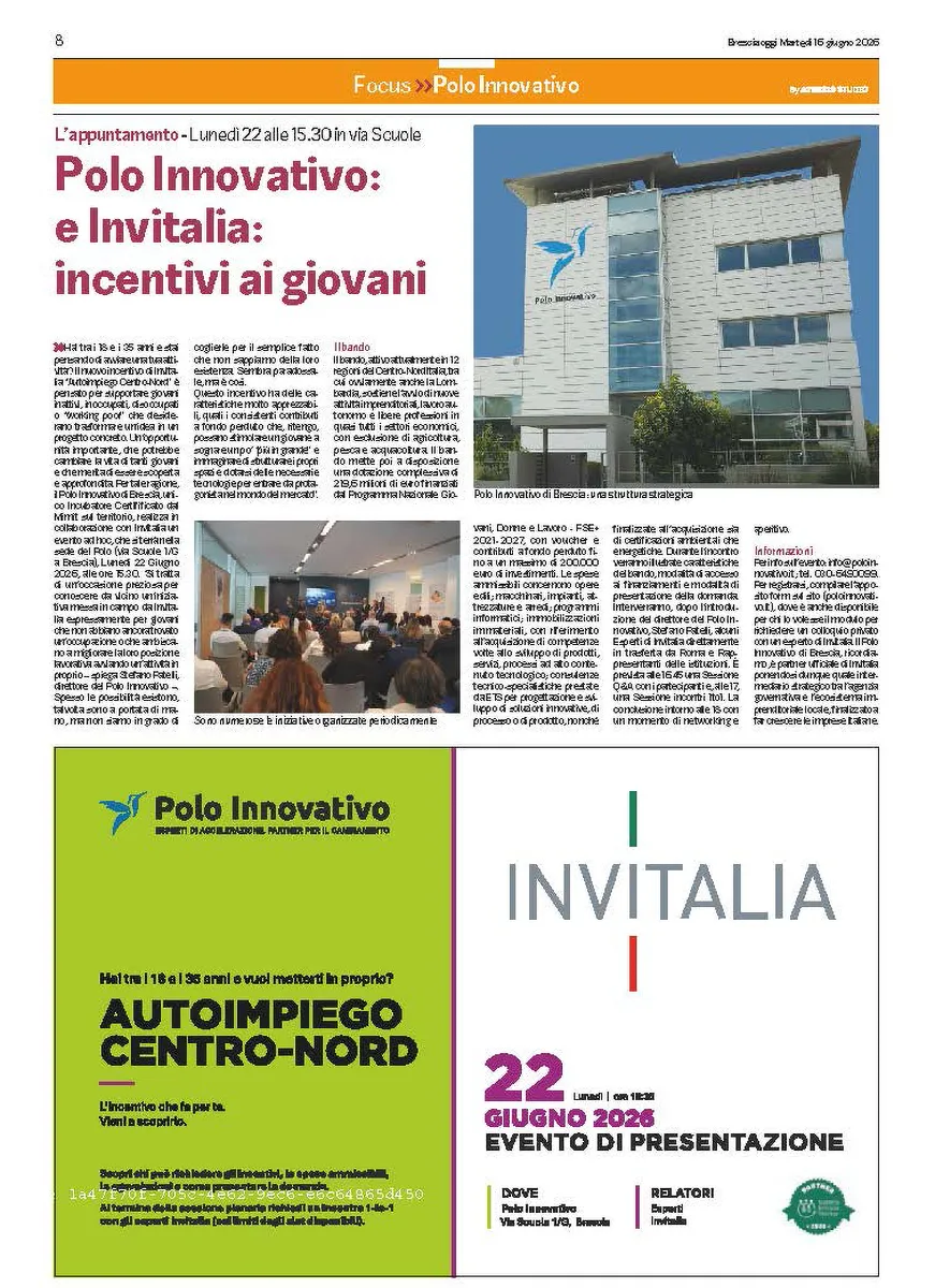 Bresciaoggi - Polo Innovativo: e Invitalia: incentivi ai giovani
